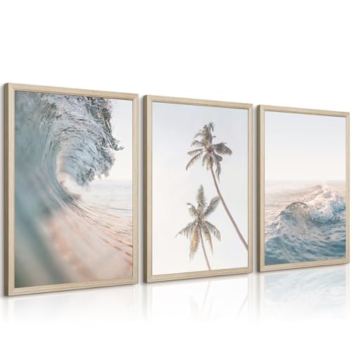 Beach Wall Art Pictures Coastal Canvas Wall Decor Ocean Waves Poster Blue Beach Scene Artwork Palm Tree Art Coastal Landscape Prints for Living Room Bedroom 12x16 Inch Framed Set of 3 - color: Waves Art Prints, size: 12x16 Inch Wood Framed