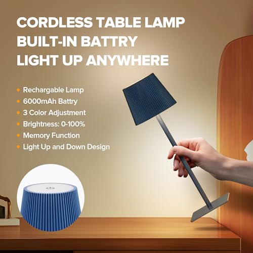 LUTEC 4 Pack Cordless Table Lamp,6000mAh Rechargeable Battery Operated Desk Lamp,Two Adjustable Heights,Waterproof, Touch Control & 3 Color Stepless Dimming for Restaurant/Bedroom/Bars/Outdoor (Blue) - color: Blue