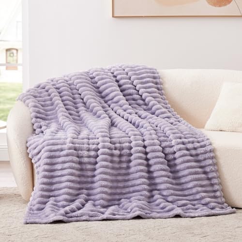EXQ Home Fleece Blanket Queen Size for Couch or Bed - 3D Stripe Jacquard Decorative Blankets - Cozy Soft Lightweight Fuzzy Flannel Blanket Suitable for All Seasons(90"×90",Light Purple) - color: Light Purple, size: Queen