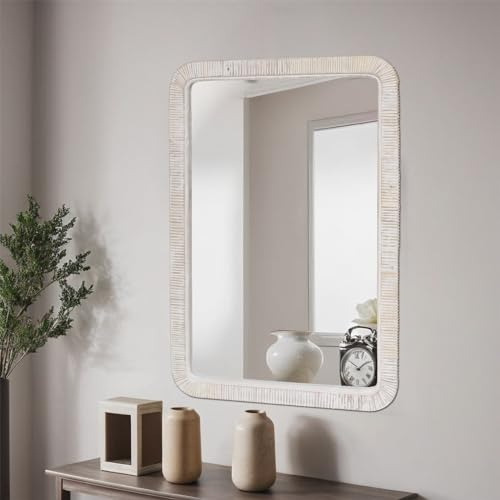 FUIN 20" x 30" Rattan Wicker Rectangle Wall Mounted Bathroom Mirror for Coastal Boho Nursery Decor, White Wash - color: White Wash, size: 30"L x 20"W