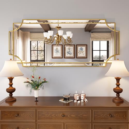 Kelly Miller Large Gold Wall Mirror, 26"x52" Gold Decorative Mirror Wall Vanity Mirror Bevelled Full Length Mirror for Bathroom Living Room Bedroom Farmhouse Fireplace Entryway - size: 52"L x 26"W