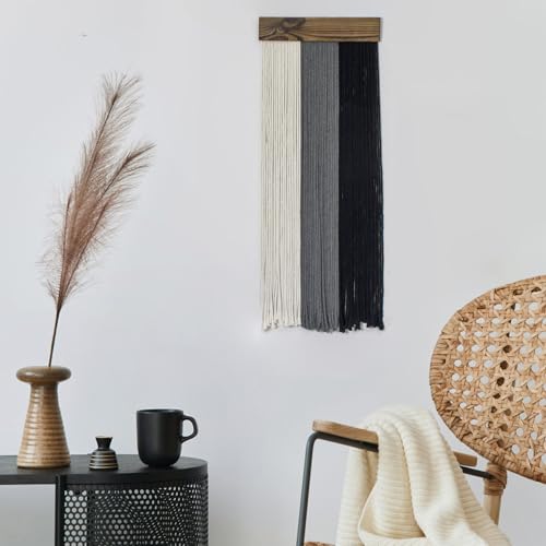 HVEST Black and White Grey Macrame Wall Hanging Boho Wall Decor Handmade Woven Wood Wall Art for Living Room Bedroom Office Nursery Apartment Yoga Room Headstock Decor, 30.7L X 11.8W inches - color: Black