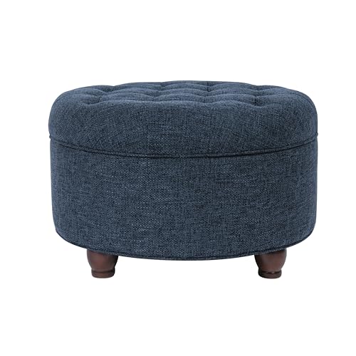 Homepop Home Decor | Large Button Tufted Woven Round Storage Ottoman for Living Room & Bedroom (Navy Woven) 25 inch D x 25 inch W x 15 inch H - color: Navy