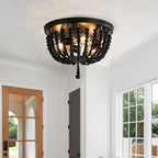Bohemia Wood Beaded Chandelier, 3-Light Boho Light Fixture, 12.6inch Black Boho Chandelier Flush Mount Ceiling Light Fixtures for Dining Room, Bedroom, Nursery, Girl Room, Hallway and Entryway - color: Black-12.6INCH