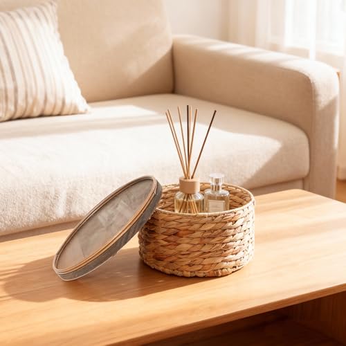 Small Water Hyacinth Storage Basket with Wooden Lid, 7.45" D x 4.1" H Handwoven Round Organizer for Bathroom Vanity, Desk Drawer & Countertop (Small) - size: Small