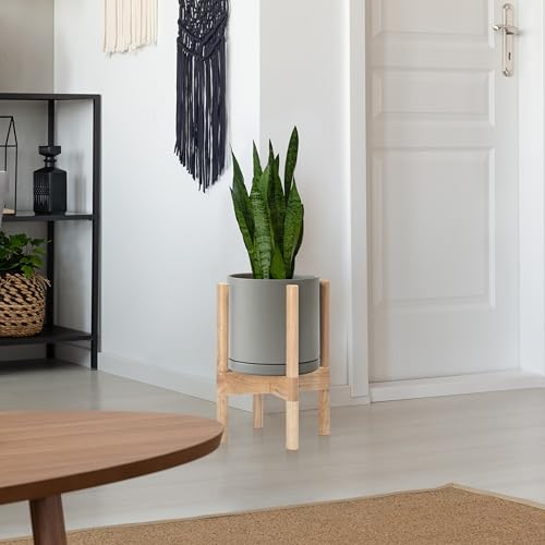 D'vine Dev Ceramic Planter with Natural Stand - 8 Inch Modern Round Flower Pot with Wood Planter Holder, Grey, 55-B-N-3 - color: Grey Pot + Natural Stand, size: 8 Inch