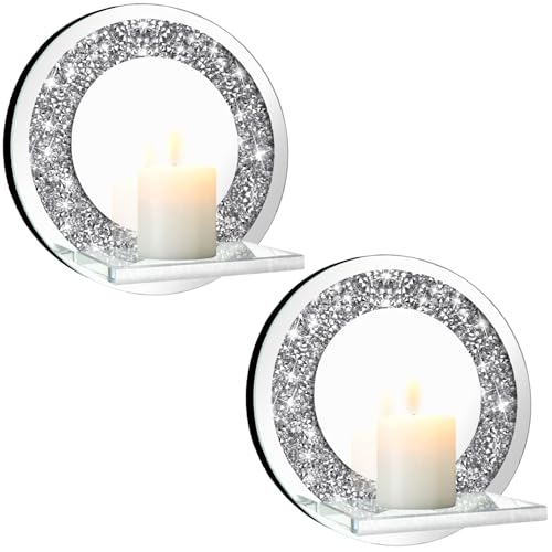 ZOLAPI Set of 2 Crystal Crush Diamond Candle Sconces, Gorgeous Silver Mirrored Wall Sconce, Candle Holder Glass Wall Decorations for Home Décor, Living Room, Dining Room.Round - color: Silver Mirror ◎