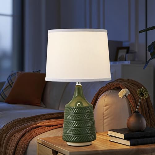 Green Ceramic Table Lamps Set of 2, 18.5" Modern Bedside Lamps for Night Stands, Decor Classic Small Lamps for Living Room End Tables, Farmhouse Boho Lamp for Bedroom Office, LED Bulbs Included - color: Green