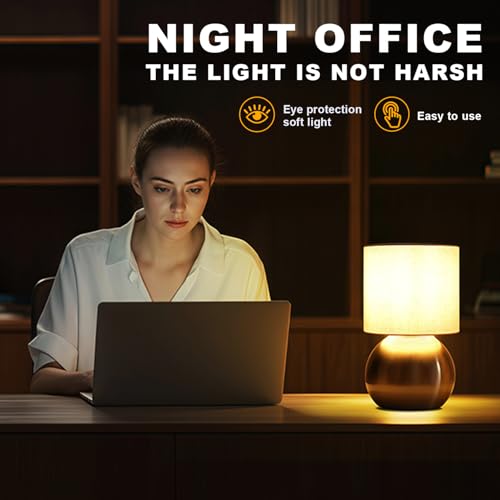 Modern Golden Small Table Lamp with Cotton Linen Shade, 6.2×6.2×10.4 inch LED Desk Light, One-Button Switch for Bedroom, Living Room, Nightstand, Includes Warm Light Bulb - color: Golden, size: Pack of 1