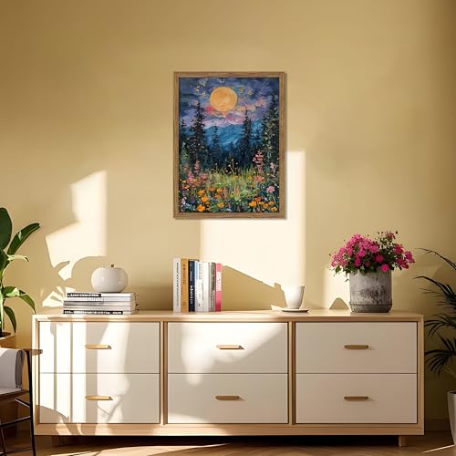 Framed Nature Forest Canvas Wall Art, Full Moon above Wildflowers and Woodland Painting, Midnight Floral Trees Art Print, Farmhouse Nature Wall Decor for Bedroom Living Room 16x24 inch - color: Ink Landscape Painting, size: 24"L x 16"W