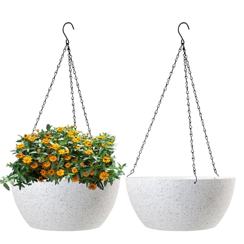 WSMKSZ 13 inch Large Hanging Planters Plant Pots for Outdoor Indoor Plants with Drainage Holes and Chain, 2 Pack Round Hanging Flower Pots for Garden Home Porch Decor, Speckled White - color: Speckled White, size: 13inch 2pcs