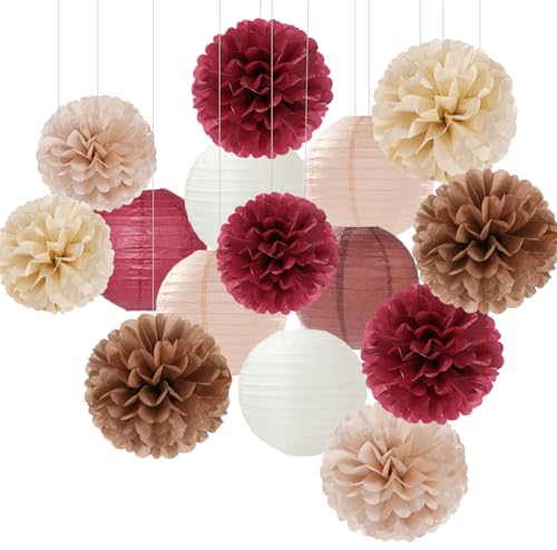 Burgundy-Brown Champagne Party-Decorations Paper-Flowers Lanterns - 15PCS Fall Boho Tissue Pom Poms Streamers,Autumn Rustic Baby Shower Neutral Wedding Birthday Decor Hugfond - color: Brown Champagne