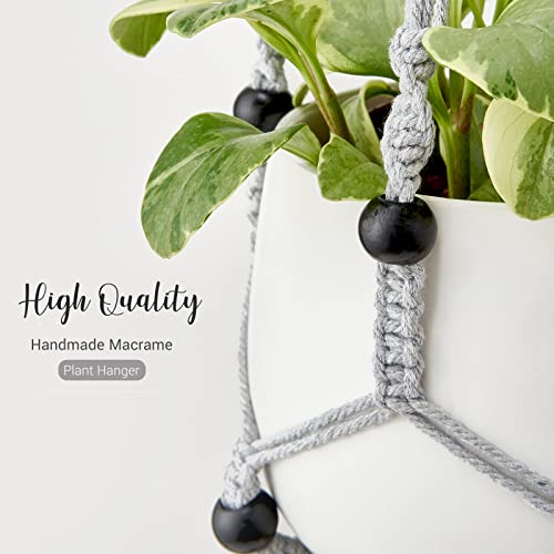 Mkono Macrame Plant Hanger Indoor Hanging Planter Basket with Wood Beads Decorative Flower Pot Holder No Tassels for Indoor Outdoor Boho Home Decor 35 Inch, Grey, Set of 1 (POTS NOT Included) - color: Gray