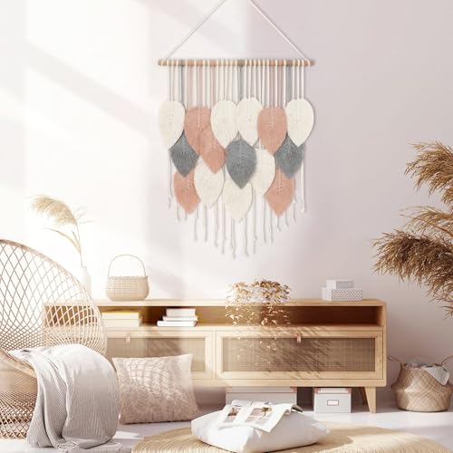 Alynsehom Macrame Wall Hanging, Boho Woven Tapestry, Chic Modern Bohemian Handmade Leaf Feather Wall Art Home Decor for Apartment Dorm Living Room Bedroom Nursery Backdrop(23.6" W X 29.5" L) - color: Pink Beige-23.6"W X 29.5"L