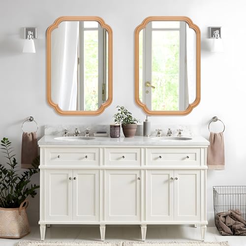 Ferytange Wood Mirror for Bathroom, 20" x 30" Rectangular Wall Mirror for Bathroom Vanity with Wooden Frame Farmhouse Rounded Corner Wall Mirror Decor (Horizontal/Vertical) - color: Natural Wood, size: 30"L x 20"W