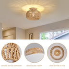 Rattan Ceiling Light Fixture，3 Style Options Boho Flush Mount Ceiling Lights, Hand-Woven Rattan Chandelier,Mini Bohemian Wicker Light Fixtures, Farmhouse Light Fixture for Bedroom Hallway Entryway - color: Light Brown