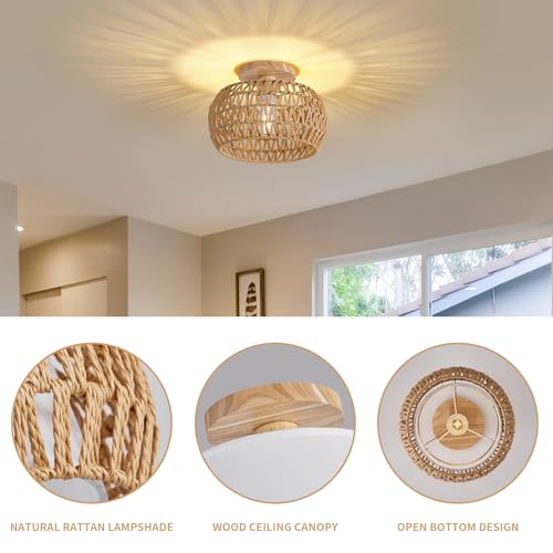 Rattan Ceiling Light Fixture，3 Style Options Boho Flush Mount Ceiling Lights, Hand-Woven Rattan Chandelier,Mini Bohemian Wicker Light Fixtures, Farmhouse Light Fixture for Bedroom Hallway Entryway - color: Light Brown