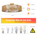 24" Natural Rattan Ceiling Light, Semi Flush Mount Gold Ceiling Light Fixture, 5-Light Boho Chandelier Antique Brass Brush Paint Farmhouse Lamp Fixture for Bedroom Living Room Kitchen Island