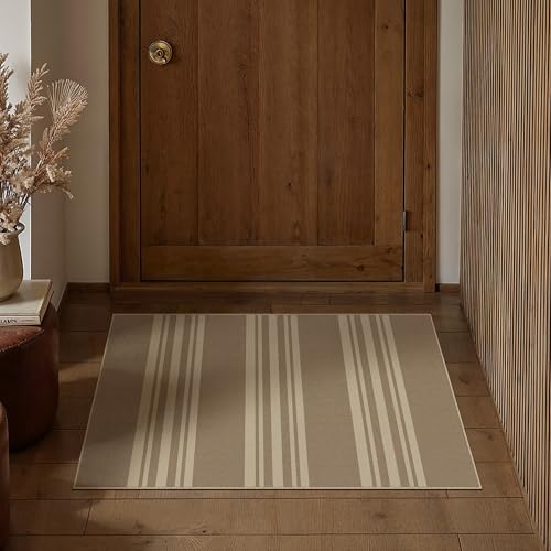 PureCozy Striped Easy Jute Rug 2x3 Khaki Entryway Carpet Washable Non Slip Door Mat Farmhouse Neutral Non Shedding Entry Small Indoor Outdoor Rug for Kitchen Bedroom Mudroom Bathroom - color: Khaki/Striped, size: 2' x 3' (Rectangular)