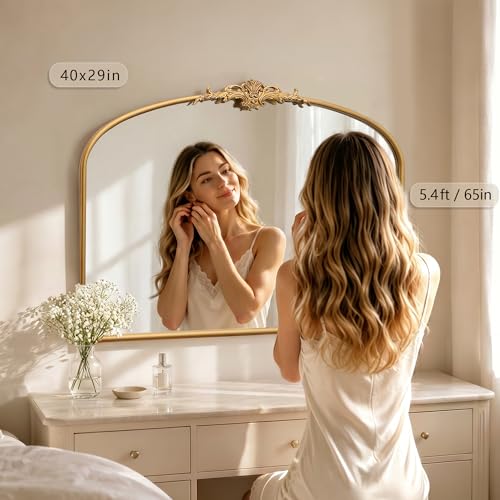 Besdomus Antique Arched Gold Mirror: 40"x29" French Large Gold Vintage Wall Vanity Mirror - Decorative Baroque Traditional Ornate for Bedroom/Bathroom/Fireplace/Entryway - Ideal for Home Renovations - color: Gleaming Gold, size: 29"L x 40"W