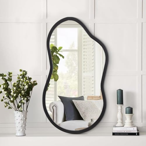 AAZZKANG Irregular Wall Mirror with Wood Framed Small Asymmetrical Black Hanging Mirrors for Bedroom Living Room Bathroom Entryway Dressing Room Decorative - color: Black, size: 14"L x 8"W