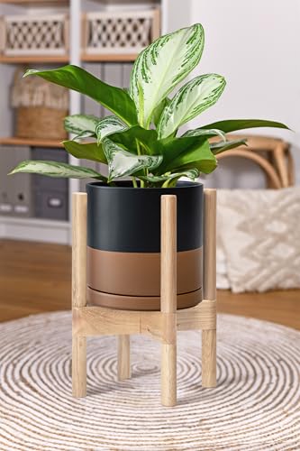 D'vine Dev Ceramic Planter with Natural Stand - 8 Inch Modern Round Flower Pot with Wood Planter Holder, Black/Speckled Tan, 55-B-N-7 - color: Black/Speckled Tan Pot + Natural Stand, size: 8 Inch