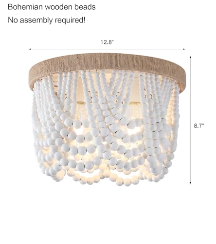 AMZASA White Boho Wood Beaded with Hemp Rope Flush Mount Ceiling Light Farmhouse Small Chandelier Light Fixture for Bedroom Hallway Entryway Closet Kitchen Dining Room Living Room Nursery - color: White