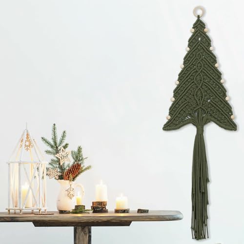 LB Macrame Christmas Tree Wall Hanging, Green Christmas Tree Wall Art Handmade Woven with Wood Beads Xmas Holiday Tapestry Funny Xmas Ornament for Bedroom Living Room Rustic Xmas Decor,10X31 Inch - color: Dark Green