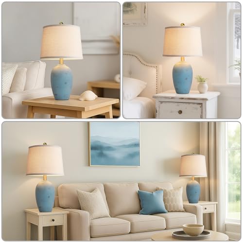 AIEAMPDO 21'' Set of 2 Coastal Small Ceramic Lamps for Bedroom | Traditional Nightstand Bedside Desk Table Lamp for Living Room Office Dorm, 2 Bulbs Included - color: Light Blue