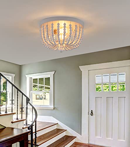 Q&S White Flush Mount Ceiling Light Fixtures,2-Lights Wood Beaded Boho Chandeliers for Nursery Baby Kid's Room Bedroom Dining Room Living Room Kitchen Hallway W11.81 - color: Ceiling-2WH