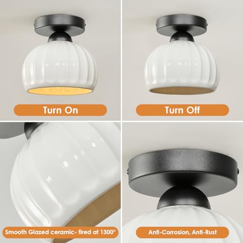 Black Semi Flush Mount Ceiling Light - 2 Pack, Glaze Ceramic Vintage Hallway Light Fixtures, Milk White Globe Ceiling Lights, Mid Century Small Light Fixture for Cottage Entryway Laundry Room Foyer - color: Glaze Ceramic-Black