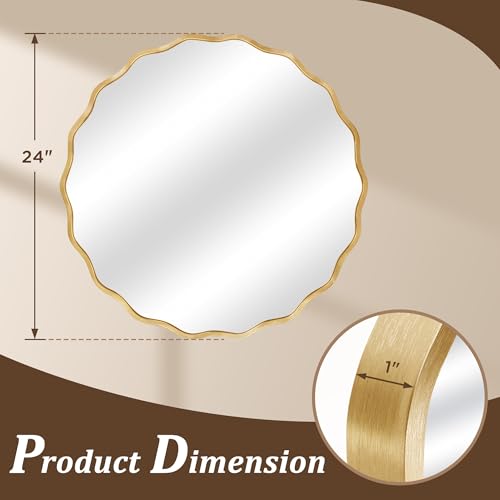 Gold Round Mirror for Wall, 24"x24" Decorative Wavy Bathroom Mirror with Brushed Alloy Steel Frame & Shatter-Proof Glass, Hanging Circle Wall Mirrors for Bathroom, Entryway (Gold, Small) - color: Gold, size: Small