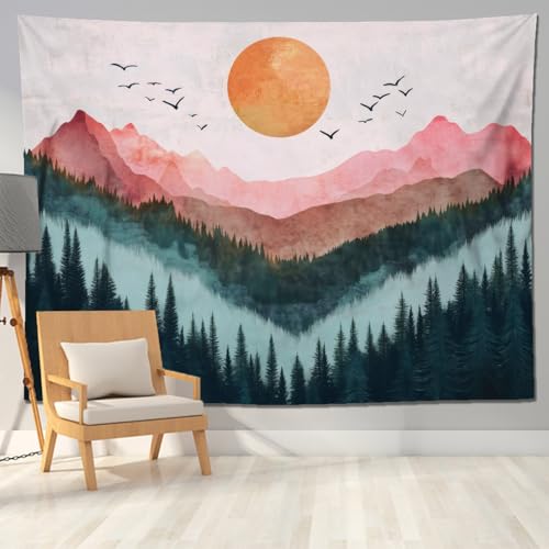 keowhsf Sunset Mountain Forest Tapestry - Large Nature Landscape Wall Hanging, Aesthetic Pine Tree Scenery Wall Art for Bedroom & Living Room Decor - color: Sunset1, size: 80"L x 60"W