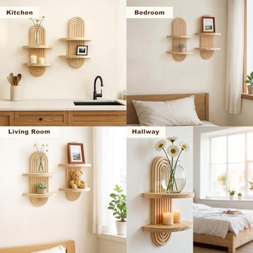 Artilady 2 Pack Shelf Wall Decor Boho Wood Floating Shelves Plant Holder 2-Tier Trinket Storage Rack Rainbow Hanging Room Decor for Home Bedroom Living Room Nursery Office - color: 2 Beige
