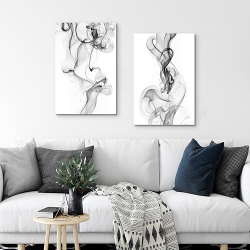 ArtSquare Black and White Canvas Wall Art: Abstract 2 Pieces Smoky Picture Minimalist Watercolor Prints for Bedroom - color: black and white, size: 24”x16”x2