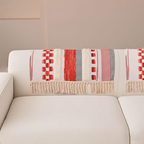 VClife Dog Boho Couch Cover, Washable Furniture Protector, 35.4 x 35.4 in | Tufted Tassel Sofa Cover, Non Slip Woven Geometric Sofa Slipcover, Multi-Size Universal Throw Cover For Couch, Pet Friendly - color: 02# Red Stripe, size: 35.4" x 35.4"