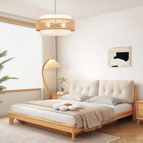 Boho Rattan Chandelier, 19.7" Large Boho Pendant Light with Fabric Lampshade, 4-Light Rattan Light Fixture Ceiling Hanging for Dining Room, Living Room, Bedroom, Kitchen Island, Hallway, Foyer - size: 19.7" Straight weaving