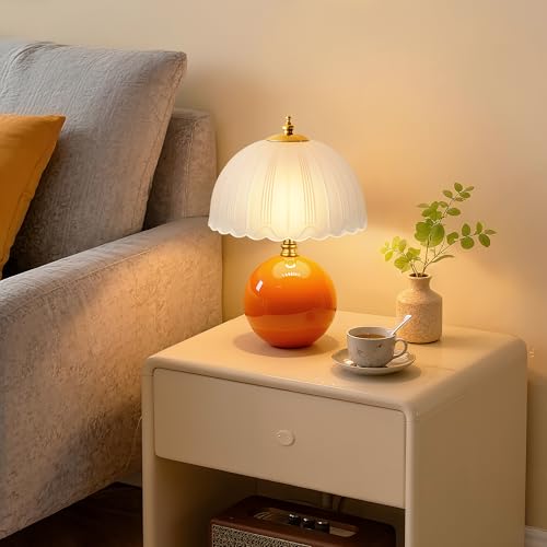 PARTPHONER Mushroom Table Lamp, Ceramic Bedside Lamp with Glass Shade, 3-Way Lighting (2700K-5000K) Rocker Switch, Small Nightstand Lamp for Bedroom, Living Room, Office, Orange - color: Orange