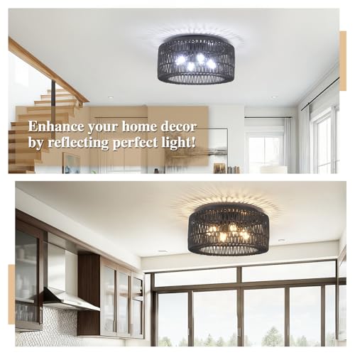 Rattan Light Fixtures Ceiling Mount,4-Lights Boho Flush Mount Ceiling Light with Hand-Woven Shade, 18''Rattan Farmhouse Chandelier for Hallway Bedroom Kitchen Farmhouse Foyer Entryway (Black) - color: Black, size: Large