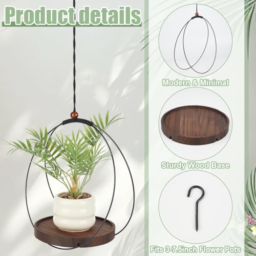 4pcs Circle Plant Hanger, Adjustable Height Hanging Planters with Sturdy Wooden Base & Planter Basket Holder, Modern Boho Flower Pot Plant Display Decor for Indoor Wall Ceiling Window