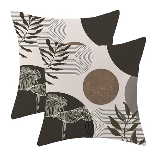 Boho Pillow Covers 18x18 Inch Set of 2 Mid Century Brown Taupe Beige Throw Pillow Covers Outdoor Decor Modern Abstract Tropical Leaf Pillowcase Farmhouse Decorative Cushion Cover For Sofa Couch - color: Boho-brown-a, size: 18" x 18" (Pack of 2)