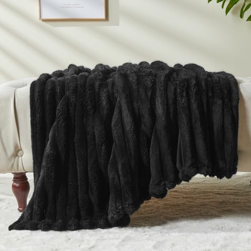 NEWCOSPLAY Super Soft Throw Blanket Black Premium Silky Flannel Fleece 3D Ribbed Jacquard Lightweight Bed Blanket All Season Use (Black Ribbed, Throw(50"x60")) - color: Black Ribbed, size: Throw(50"x60")