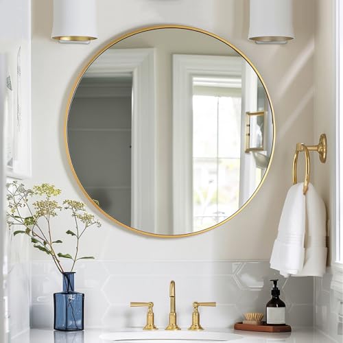 Sunniry Gold Round Mirror, 24 inch Circle Mirror, Gold Brushed Metal Frame Bathroom Mirrors, Round Wall Mounted Mirrors for Bathroom, Hallway, Living Room, Bedroom. - color: Gold, size: 24"L x 24"W
