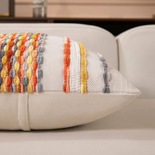 Boho Striped Throw Pillow Covers 18x18 Inch Set of 2 Farmhouse Square Decorative Pillow Covers Chenille Tufted Accent Neutral Pillowcase Yellow Orange Cushion Cover for Couch Sofa Bed - color: Yellow Orange