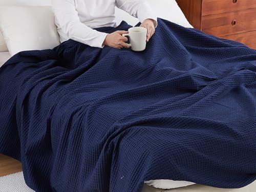100% Egyptian Cotton Waffle Weave Throw Blanket for Bed Couch Sofa Home Decor, Soft Lightweight Bed & Couch Blanket for All Seasons (Navy Blue - Queen Size - 90 * 90") - color: Navy Blue, size: Queen - 90*90''