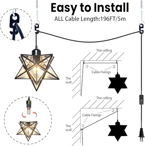 AECBUY, Clear PVC Star Ceiling Hanging Droplight Retro Style Black Metal Pendant Lamp Industrial Plug in Light to for Dining Room Living Bedroom, ddct210929B04 - color: Black-transparent