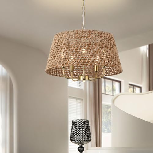 20" Large Rattan Chandeliers for Dining Room, 5-Light Farmhouse Wicker Boho Chandelier with T-Shape Shade Rattan Ceiling Pendant Light Fixture for Bedroom Hallway Kitchen Island(Gold) - color: Gold 5-Light 20" T-Shape