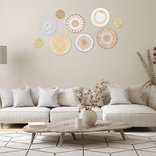 MJOGGOTT 9 Pcs Boho Wall Basket Decor Hanging Woven Wall Basket Art Decor Rattan Wicker Seagrass Home Round Tassels White Macrame Tapestry Baskets Decoration for Kitchen Home Farmhouse Decoration
