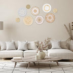 MJOGGOTT 9 Pcs Boho Wall Basket Decor Hanging Woven Wall Basket Art Decor Rattan Wicker Seagrass Home Round Tassels White Macrame Tapestry Baskets Decoration for Kitchen Home Farmhouse Decoration