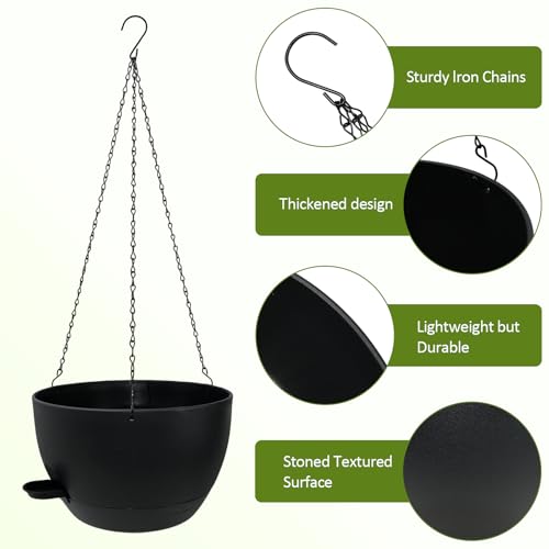 WOUSIWER Self Watering Hanging Planters, 2 Pack 12'' Plastic Pots with Drainage Holes & Reservoir Tray (Black) | Indoor & Outdoor Use for Ferns, Ivy, Herbs, Succulents - color: Black, size: 2 Pack 12 inches